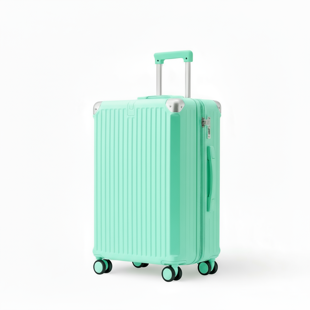 Travel suitcase carry-on luggage in mint green, featuring a secure lock system and 360° spinner wheels.