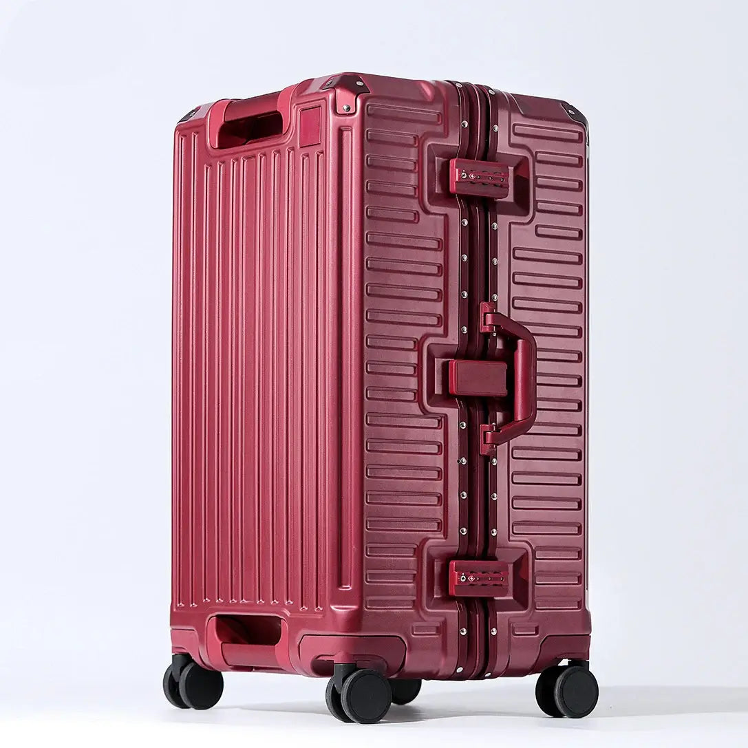 Suitcases Rolling Luggage with Spinner Wheels in a sleek burgundy design, featuring an aluminum frame and durable polycarbonate.