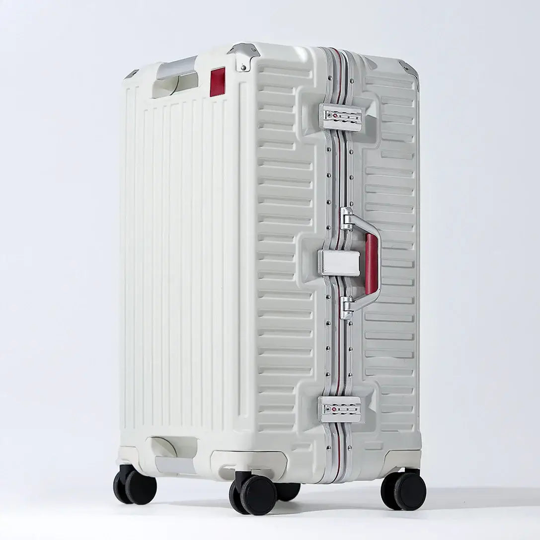 Suitcases Rolling Luggage with Spinner Wheels in sleek white design, featuring durable aluminum frame and smooth-gliding wheels.