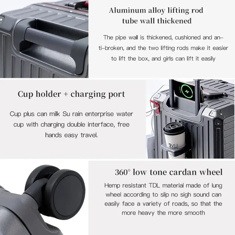 Suitcases features including aluminum alloy lifting rods, cup holder, charging port, and 360-degree low tone wheels.