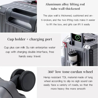 Suitcases features including aluminum alloy lifting rods, cup holder, charging port, and 360-degree low tone wheels.