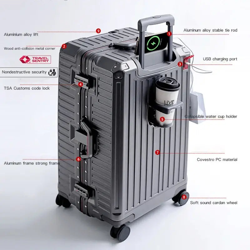 Suitcases Rolling Luggage with Spinner Wheels featuring aluminum frame and USB charging port.