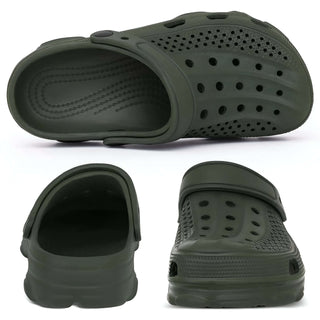 Crocs Slip-Resistant Slides EVA in dark green with ventilated design and buckle strap for comfort.