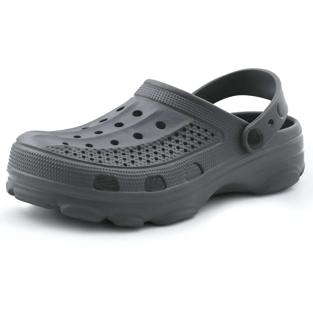 Black Crocs slip-resistant slides EVA with buckle strap and ventilated upper for comfort.