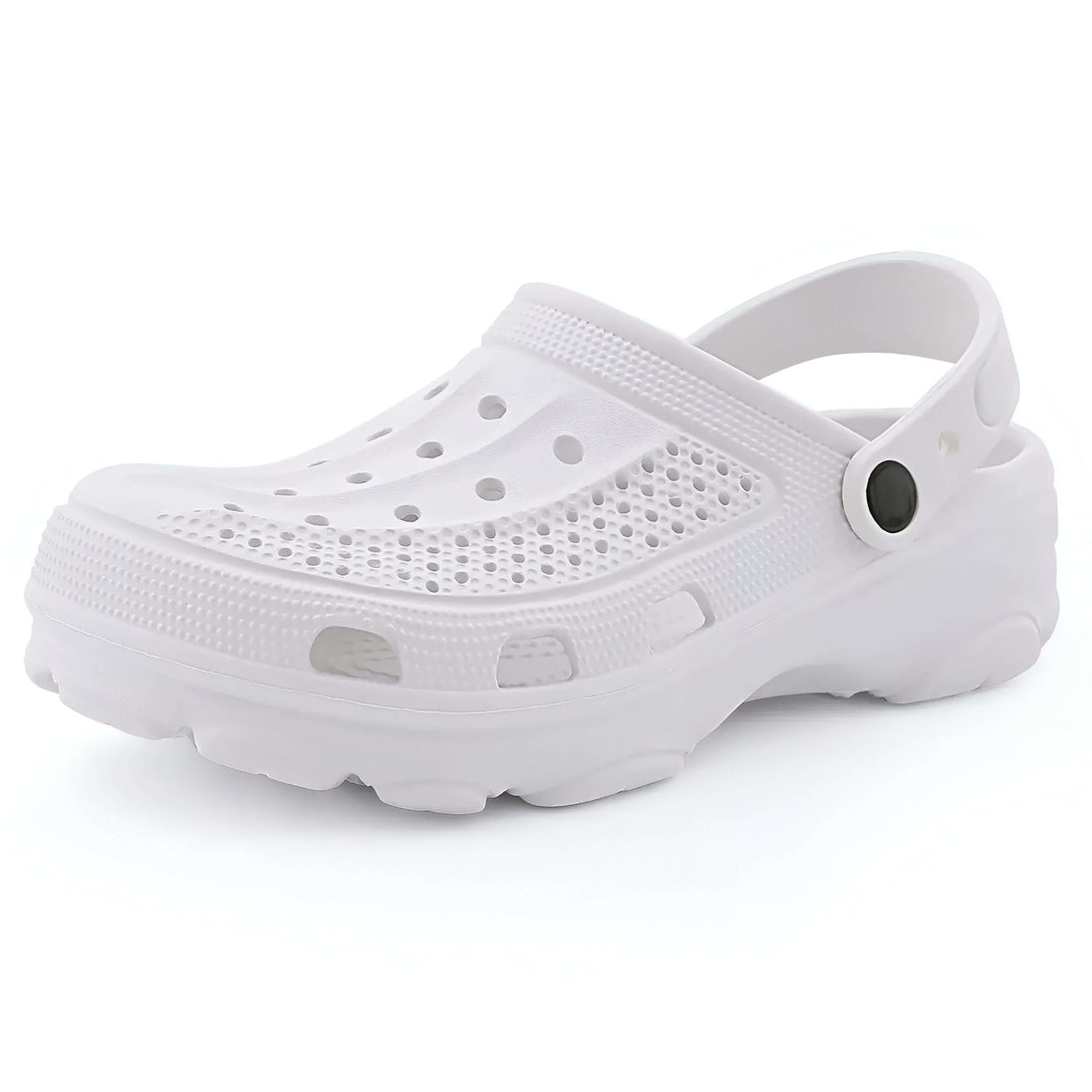 White Crocs slip-resistant slides made of durable EVA with ventilated upper for comfort.