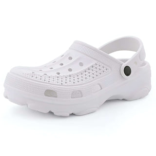 White Crocs slip-resistant slides made of durable EVA with ventilated upper for comfort.