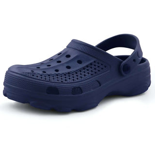 Crocs slip-resistant slides in navy blue featuring a ventilated upper for comfort and breathable design.
