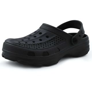 Crocs slip-resistant slides in black, featuring breathable EVA design and secure buckle strap for comfort.