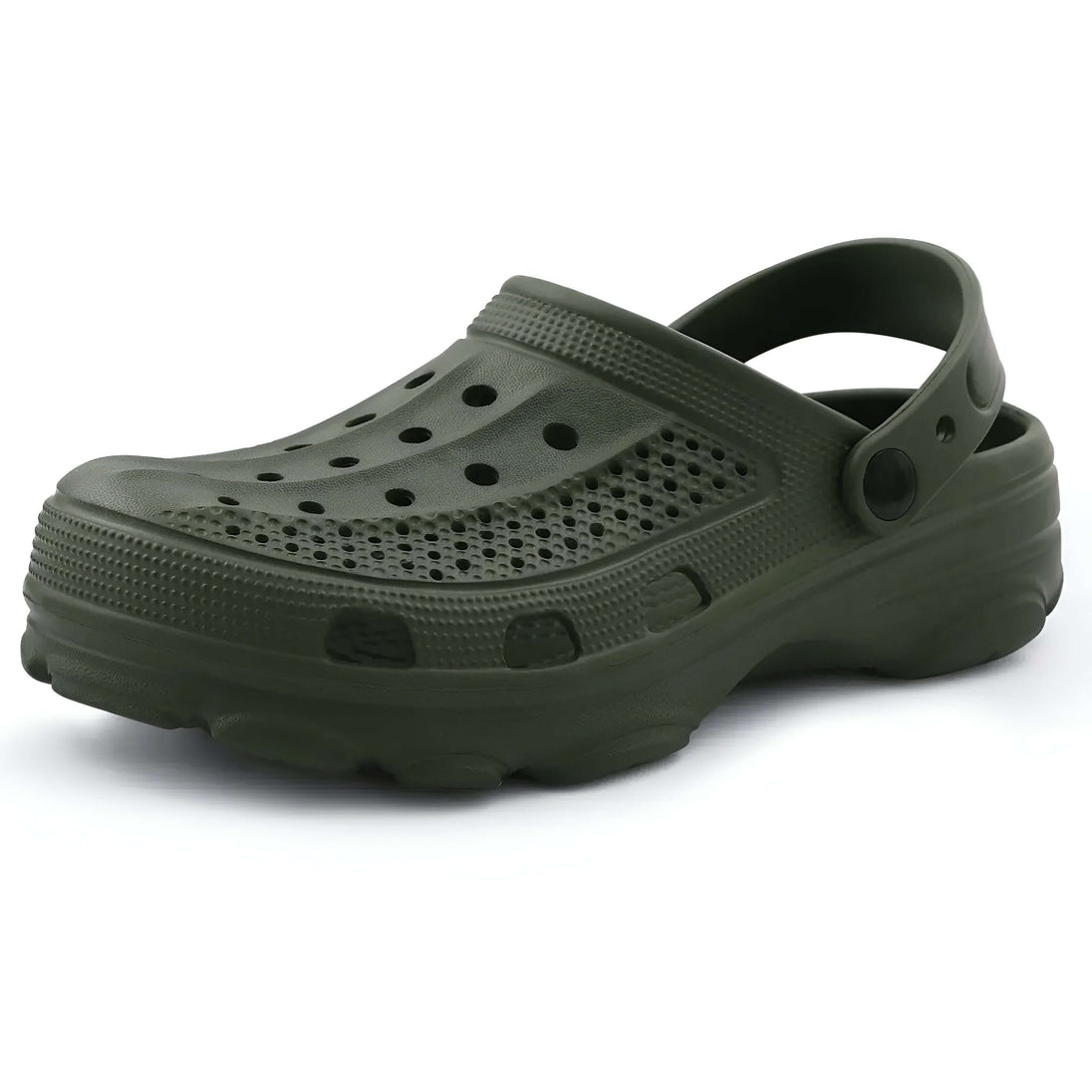 Crocs slip-resistant slides EVA in dark green color, featuring a ventilated upper and buckle strap for secure fit.