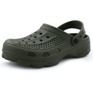 Crocs slip-resistant slides EVA in dark green color, featuring a ventilated upper and buckle strap for secure fit.