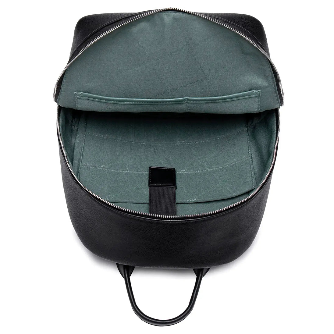 Vintage backpack for women in black soft faux leather with spacious green lining and zipper closure.