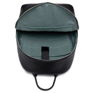 Vintage backpack for women in black soft faux leather with spacious green lining and zipper closure.