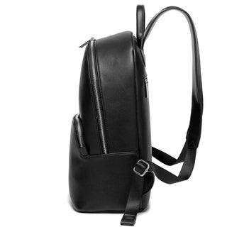 Vintage backpack for women in black soft faux leather with zipper closure and criss-cross exterior pocket.