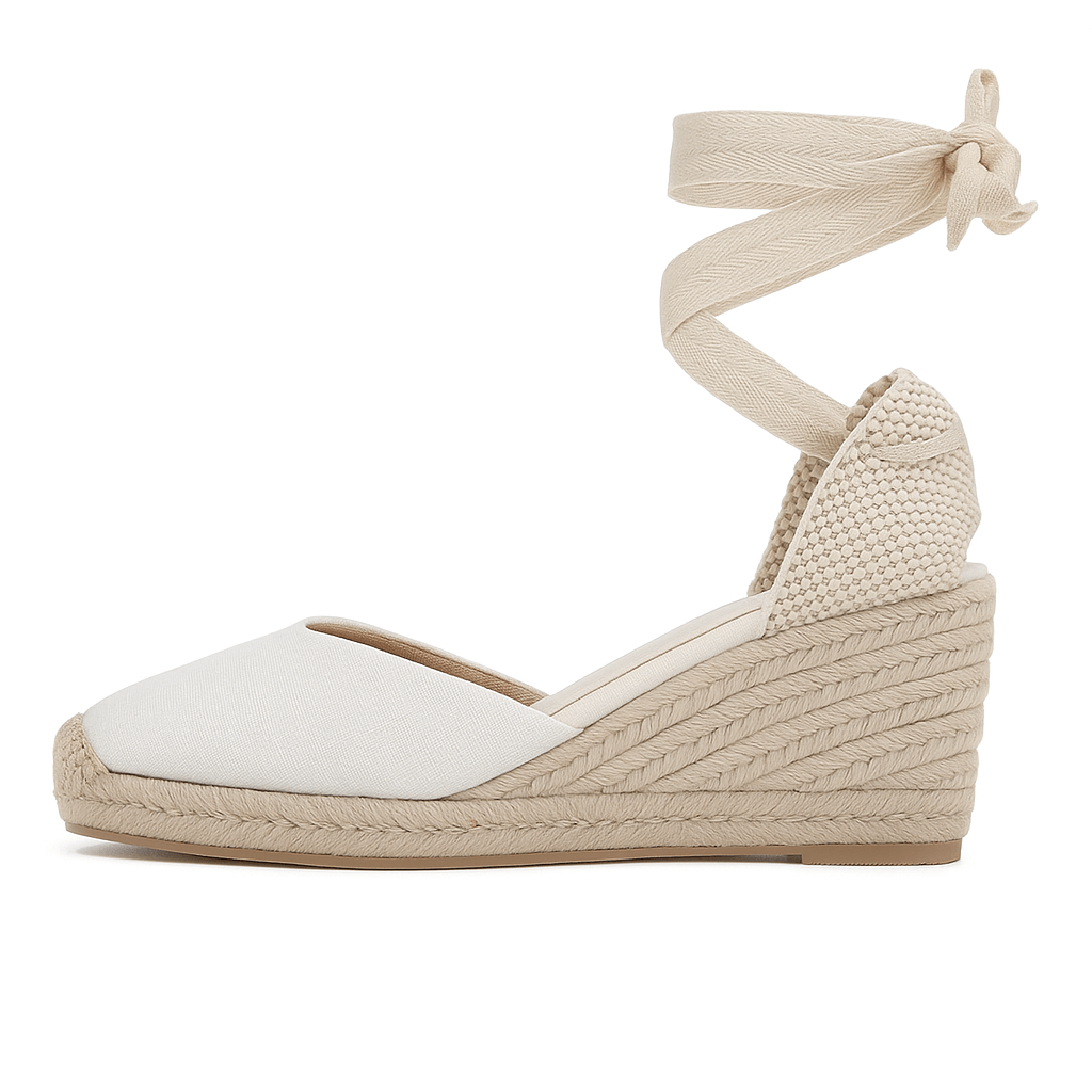 White espadrilles sandals for women, ankle strap, lace-up closure, breathable hemp upper, stylish and elegant design.