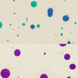 Colorful paint splatter design in teal and purple on a beige background, perfect for creative projects.