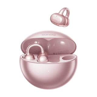 Pink wireless ear clip headphones with charging case by Sanag, lightweight design for gaming and outdoor use.