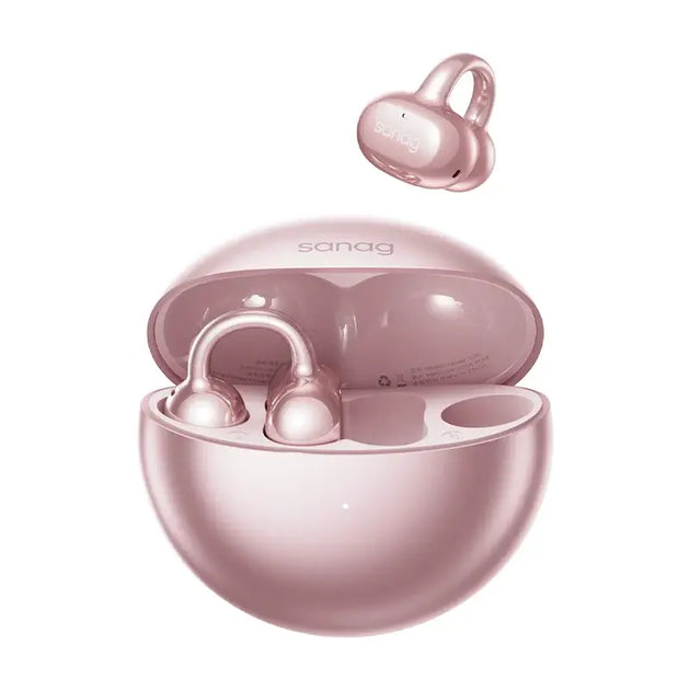 Pink wireless ear clip headphones with charging case by Sanag, lightweight design for gaming and outdoor use.