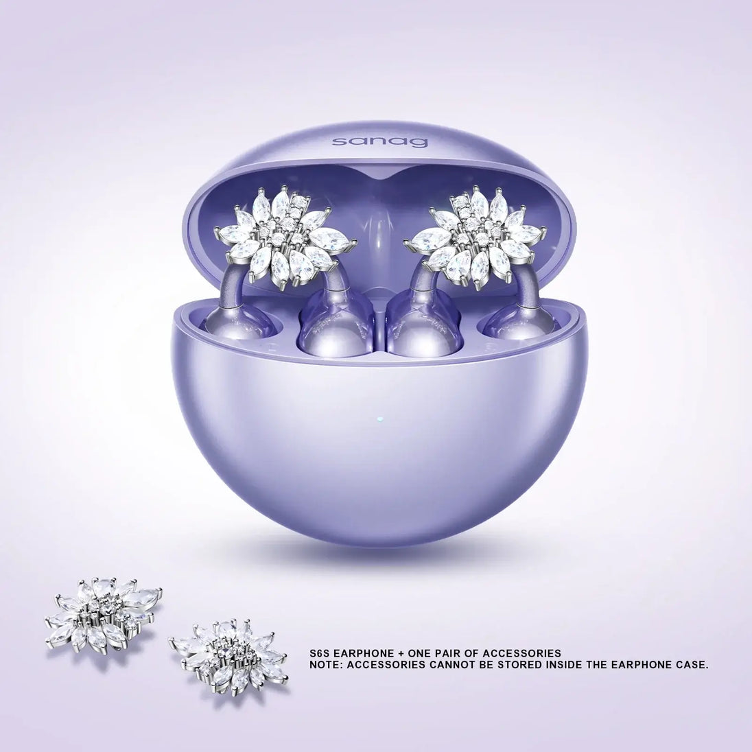 Sanag purple wireless earphones with floral accessories in charging case, perfect for stylish sound on-the-go.