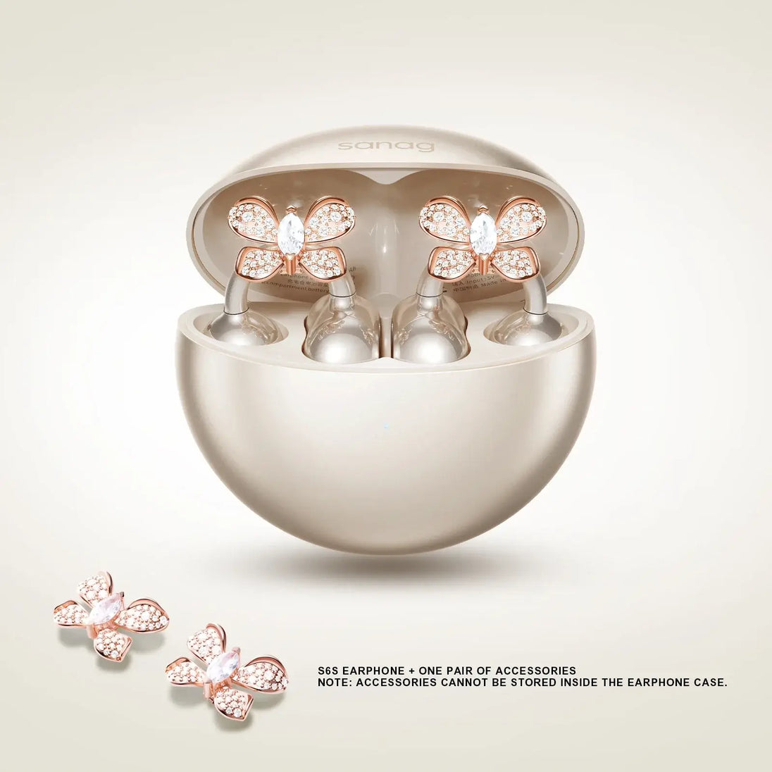 Sanag S6S earphones with elegant rose gold butterfly accessories in charging case.