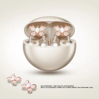 Sanag S6S earphones with elegant rose gold butterfly accessories in charging case.