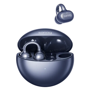 Sanag Blue Wireless Ear Clip Headphones in charging case, showcasing sleek design and modern technology.