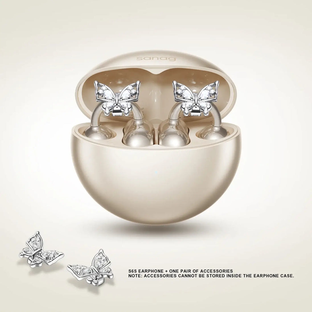 Sanag S6S earphones in a beige case with butterfly accessories for a stylish and unique design.