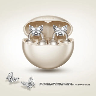 Sanag S6S earphones in a beige case with butterfly accessories for a stylish and unique design.