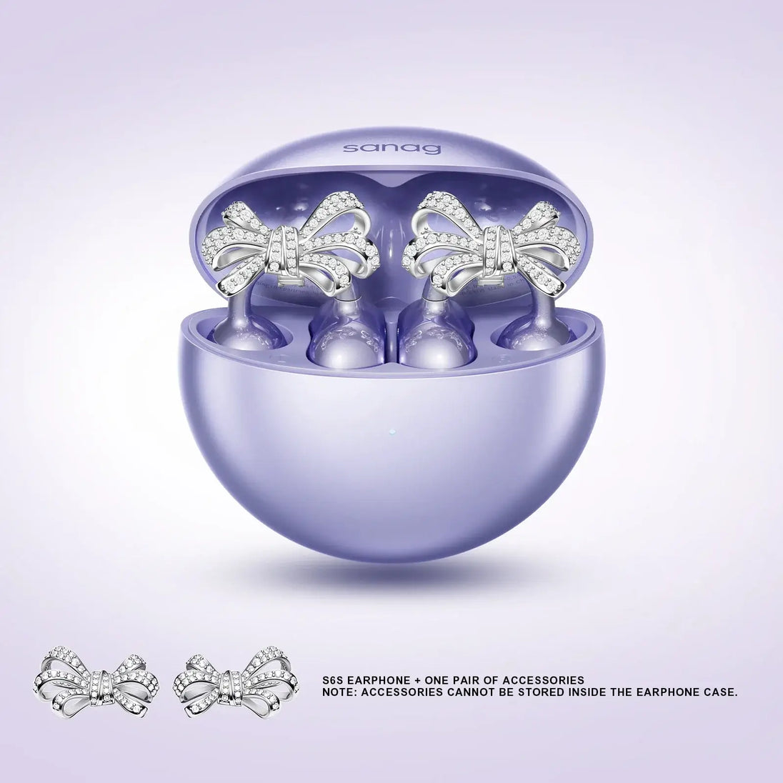 Wireless purple earphones with bow accessories and stylish case by Sanag, perfect for fashion-forward audio enjoyment.