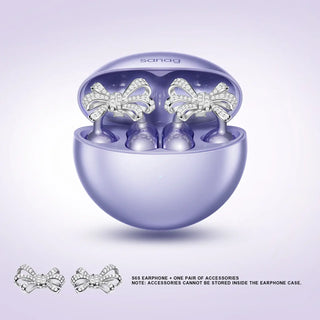 Wireless purple earphones with bow accessories and stylish case by Sanag, perfect for fashion-forward audio enjoyment.