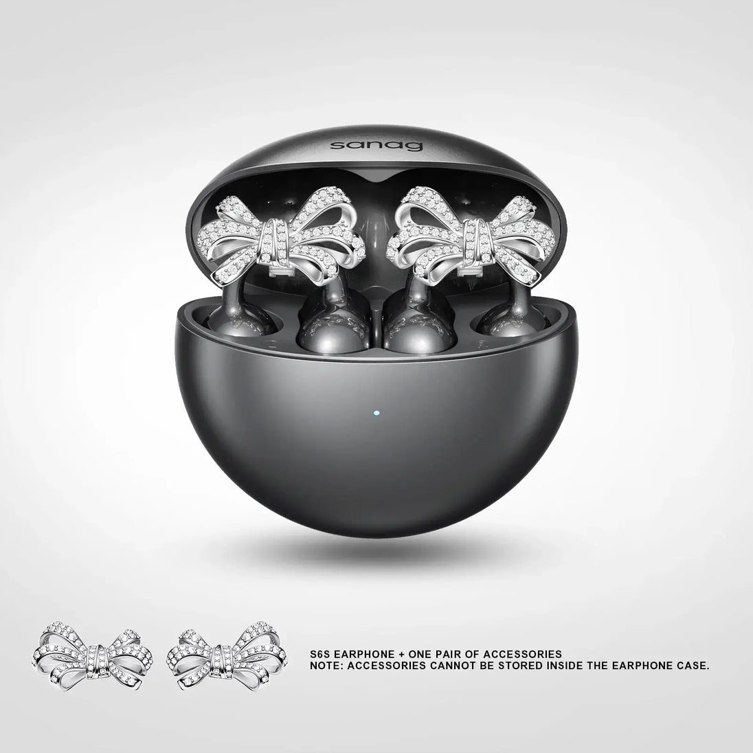 Sanag wireless earphones in black case with bow accessories, perfect for style and comfort on the go.