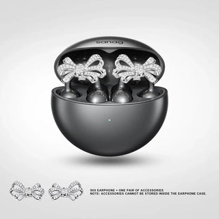 Sanag wireless earphones in black case with bow accessories, perfect for style and comfort on the go.