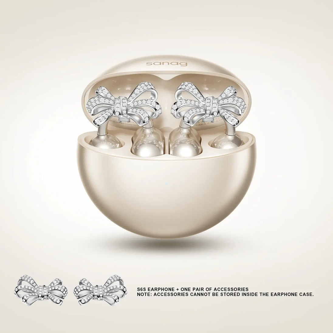Sanag S6S earphones in pearl white case, featuring elegant bow accessories for stylish listening.