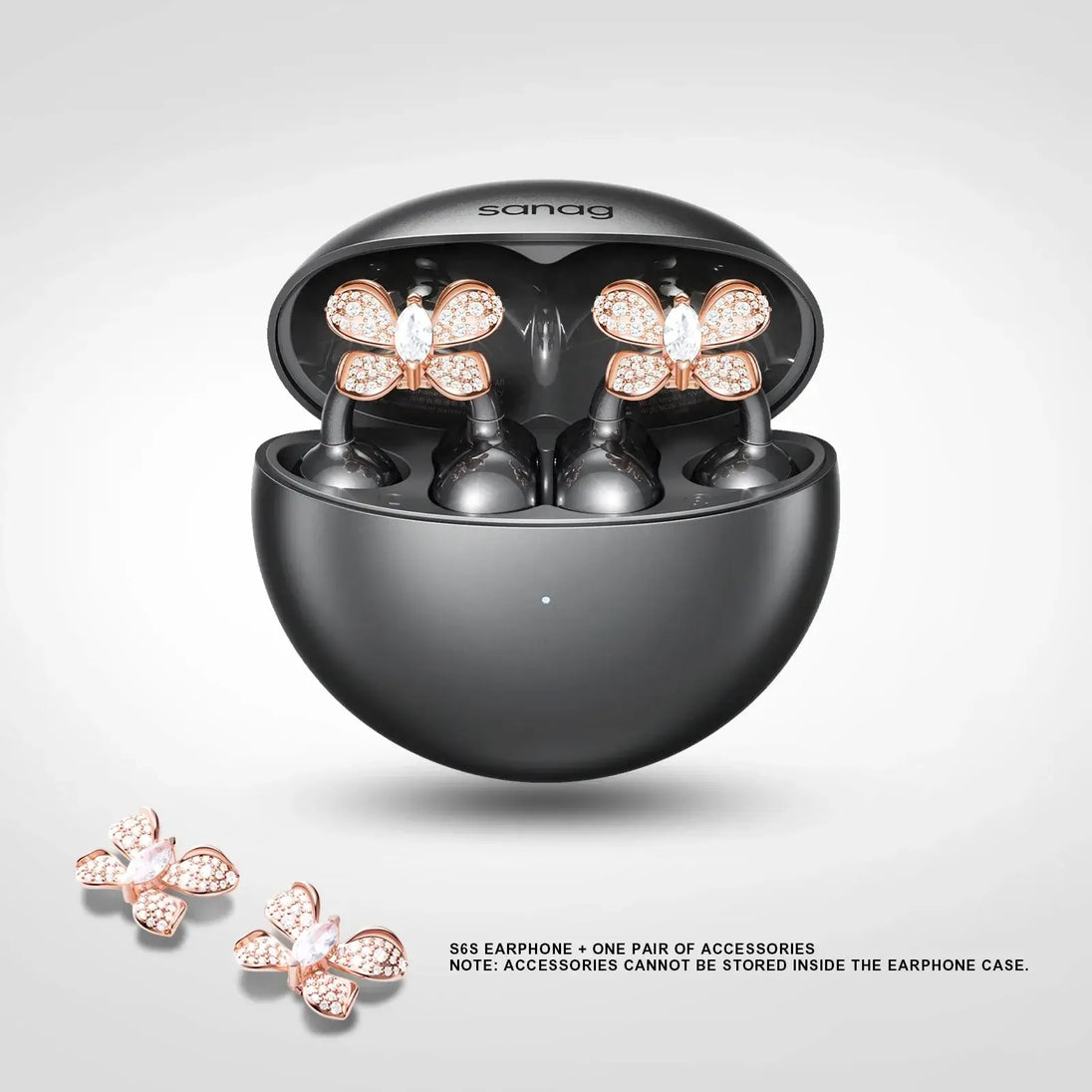 Sanag S6 earphones in black case with butterfly accessories, wireless earbuds designed for style and convenience.