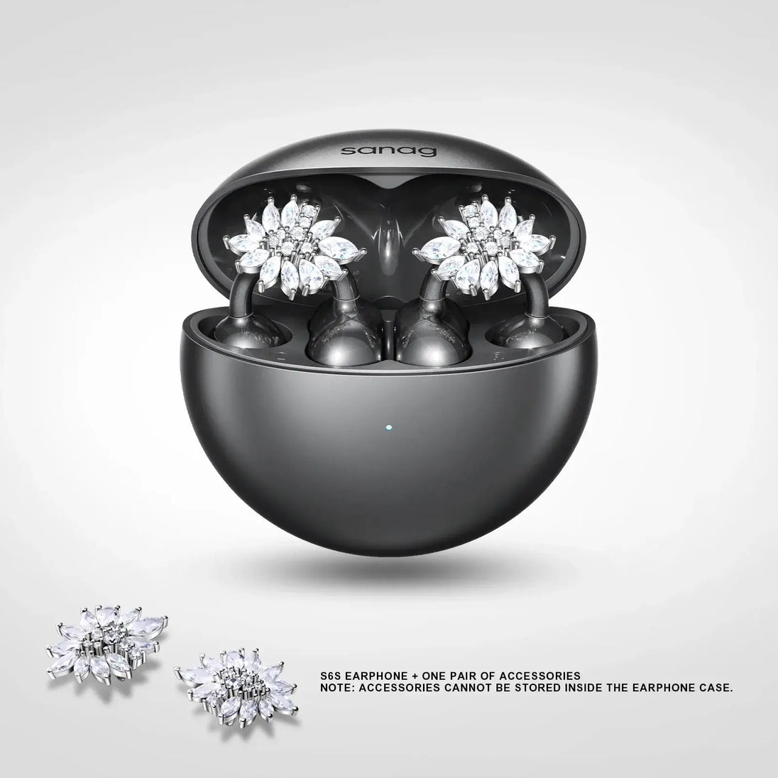 Sanag S5 earphones in black with floral accessories, showcasing Bluetooth connectivity and stylish design.