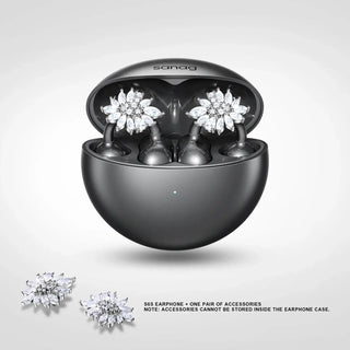 Sanag S5 earphones in black with floral accessories, showcasing Bluetooth connectivity and stylish design.