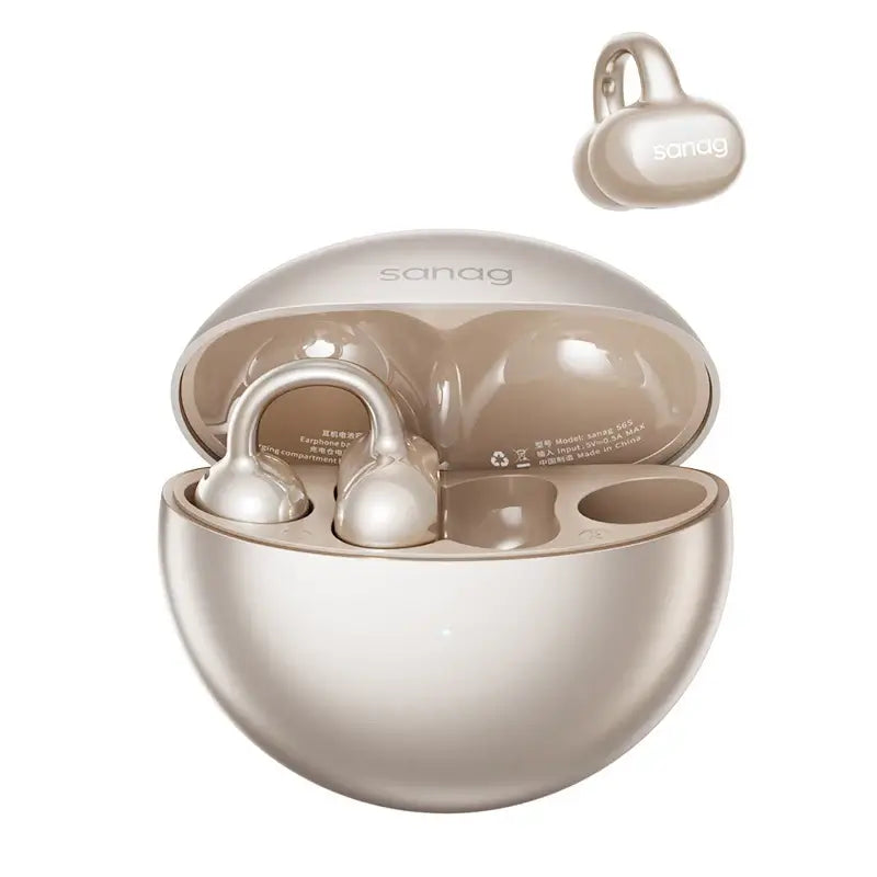 Sanag open-ear clip Bluetooth headphones in gold charging case, wireless and ergonomic design for versatile use.