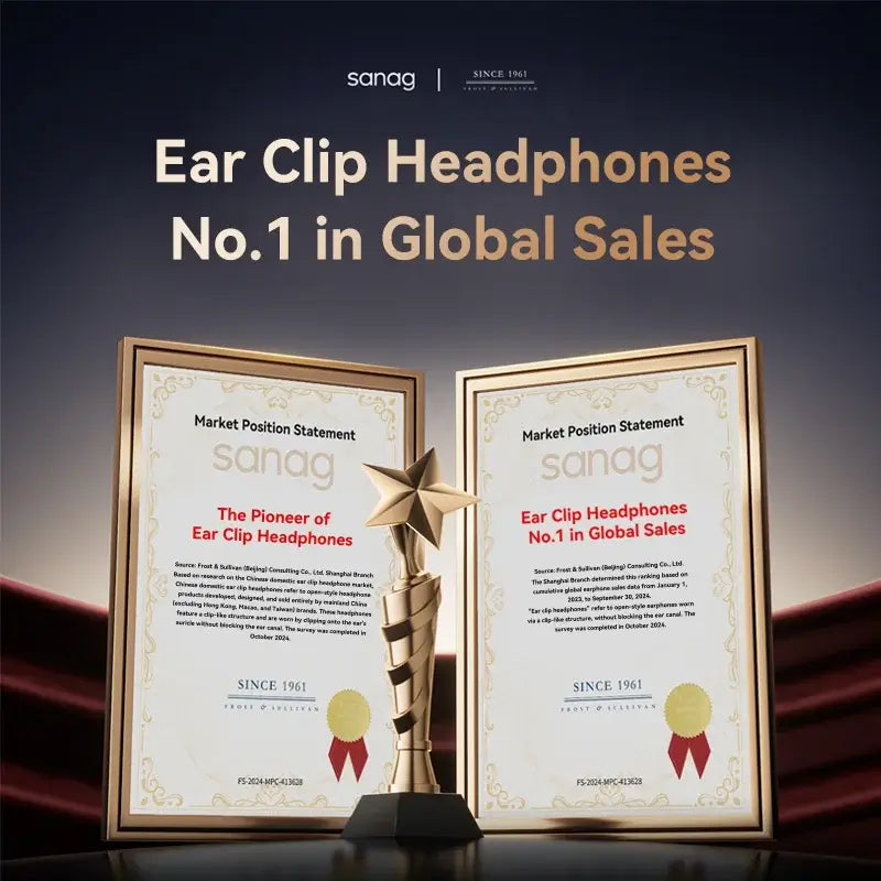 Sanag ear clip headphones No.1 in global sales award recognition certificates with trophy.