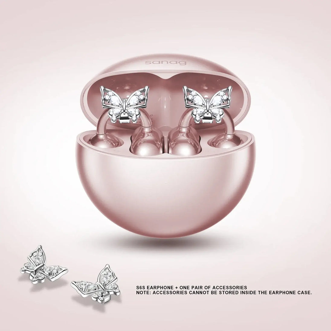 Sanag S6S wireless earphones in a rose gold case with butterfly accessories, featuring elegant design and stylish storage.