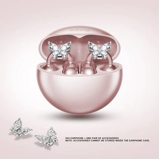 Sanag S6S wireless earphones in a rose gold case with butterfly accessories, featuring elegant design and stylish storage.