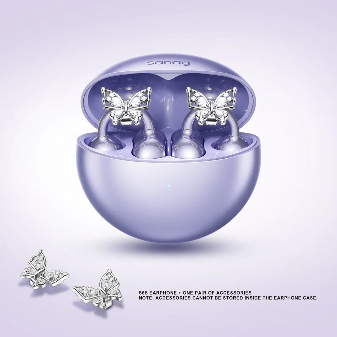 Sanag purple Bluetooth earbuds with butterfly accessories in a stylish charging case, perfect for audio enthusiasts.