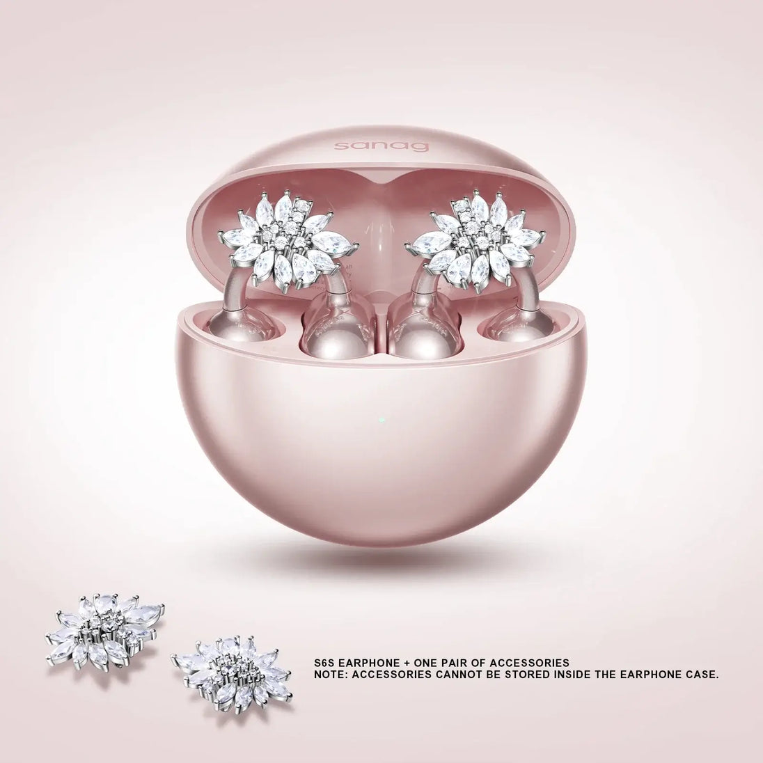 Sanag S65 earphones in pink charging case with accessories; wireless, stylish design, and sparkling embellishments.