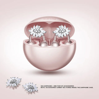 Sanag S65 earphones in pink charging case with accessories; wireless, stylish design, and sparkling embellishments.