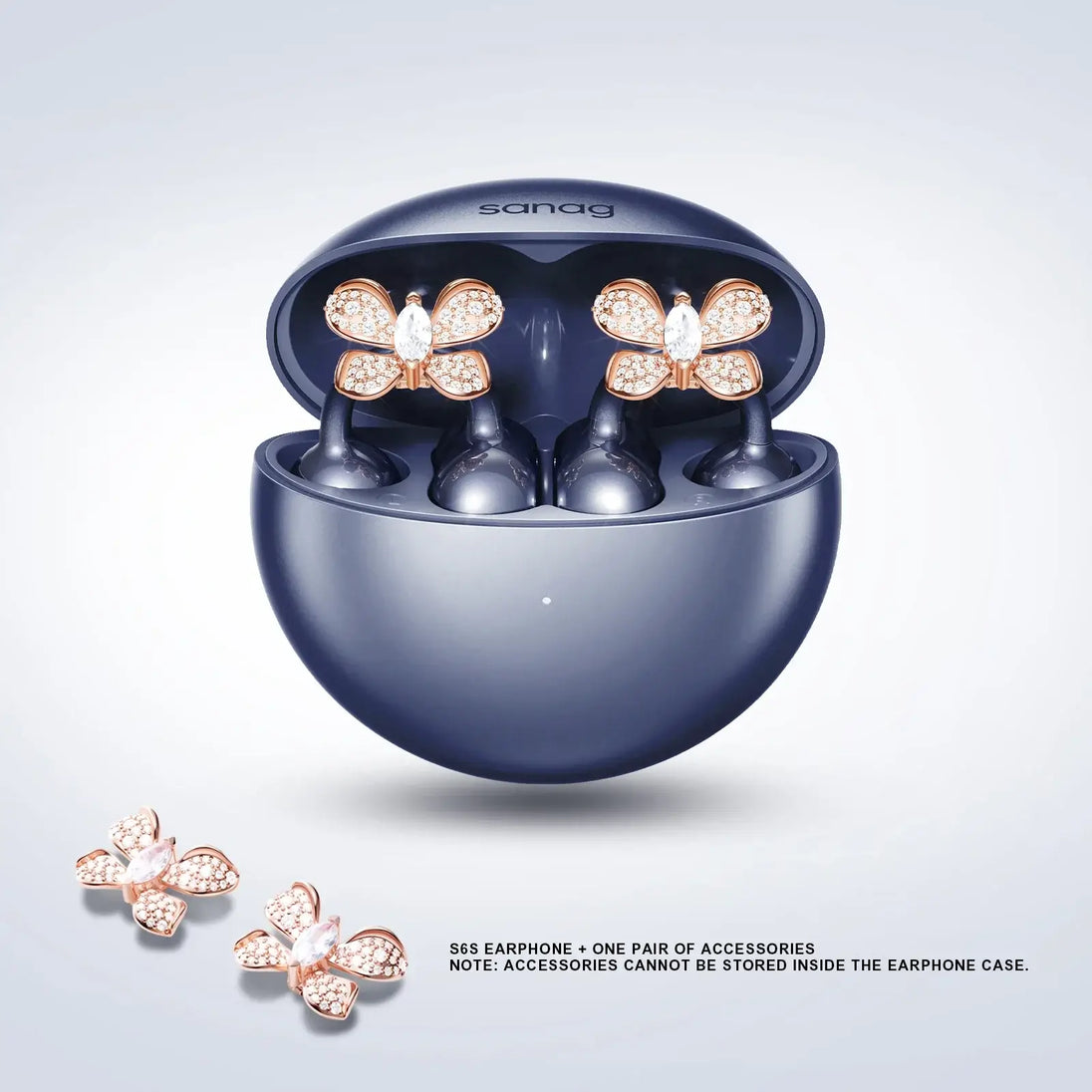 Sanag Bluetooth earphones in navy blue case with decorative butterfly accessories, stylish and compact design for music lovers.