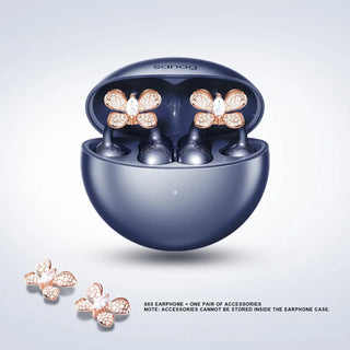 Sanag Bluetooth earphones in navy blue case with decorative butterfly accessories, stylish and compact design for music lovers.