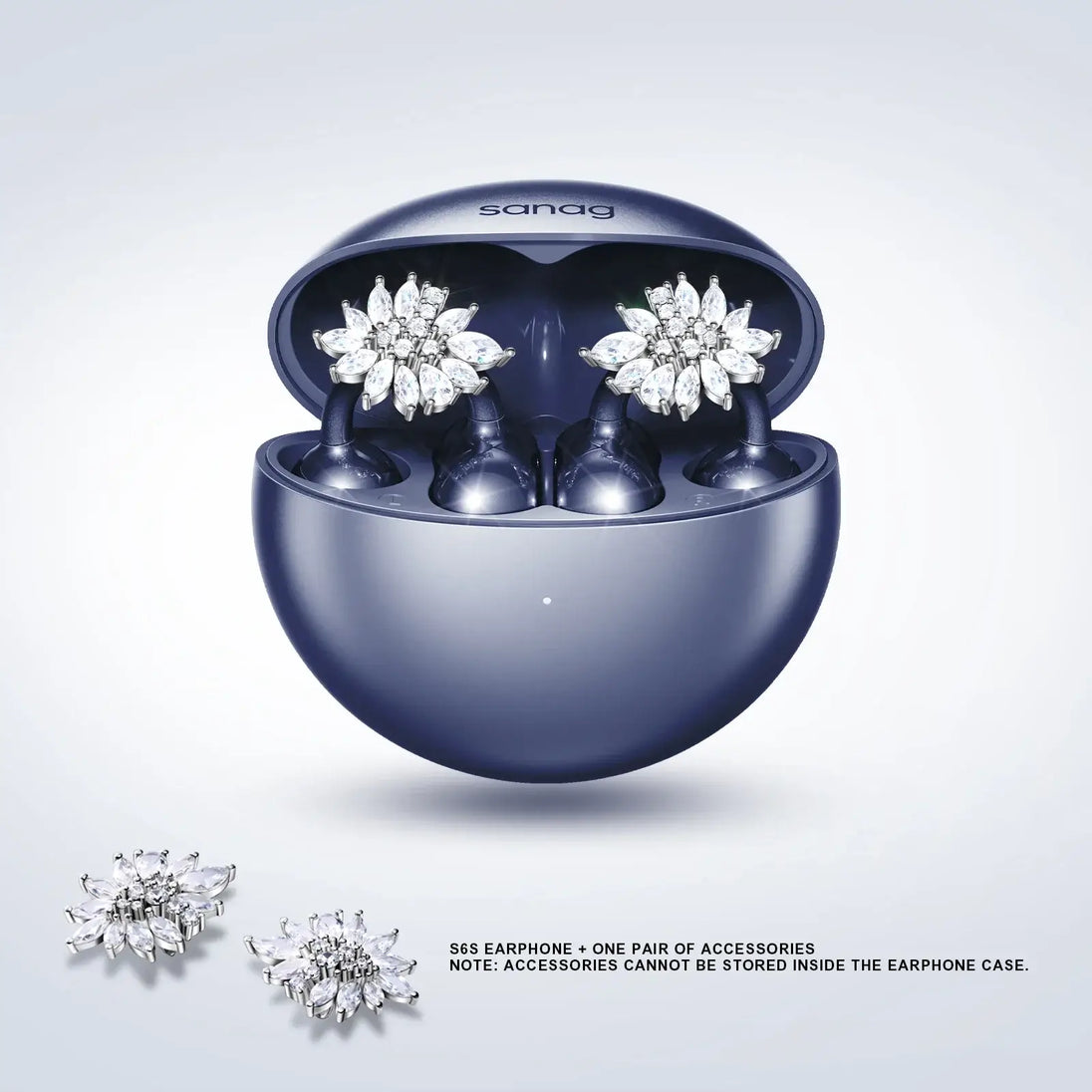 Sanag wireless earphones in sleek navy case with accessories, designed for stylish comfort and high-quality sound.