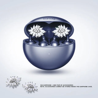 Sanag wireless earphones in sleek navy case with accessories, designed for stylish comfort and high-quality sound.