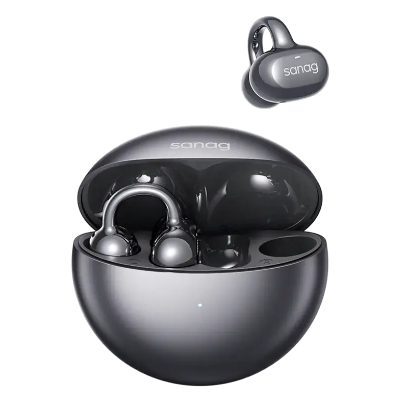 Sanag open-ear clip Bluetooth headphones in silver, showcasing case and earbuds for wireless audio experience.