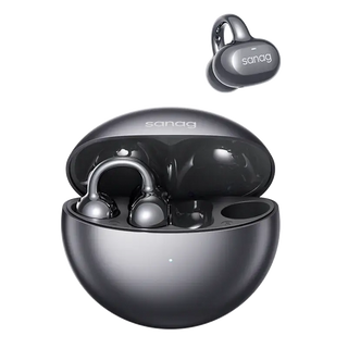 Sanag open-ear clip Bluetooth headphones in silver, showcasing case and earbuds for wireless audio experience.
