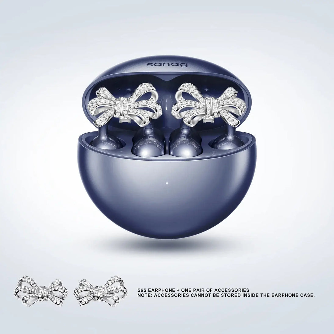 Sanag wireless earphones with accessories in navy blue, featuring a stylish design and elegant bow detail.