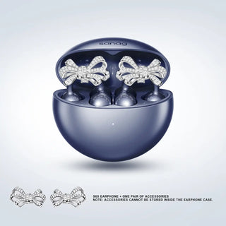 Sanag wireless earphones with accessories in navy blue, featuring a stylish design and elegant bow detail.